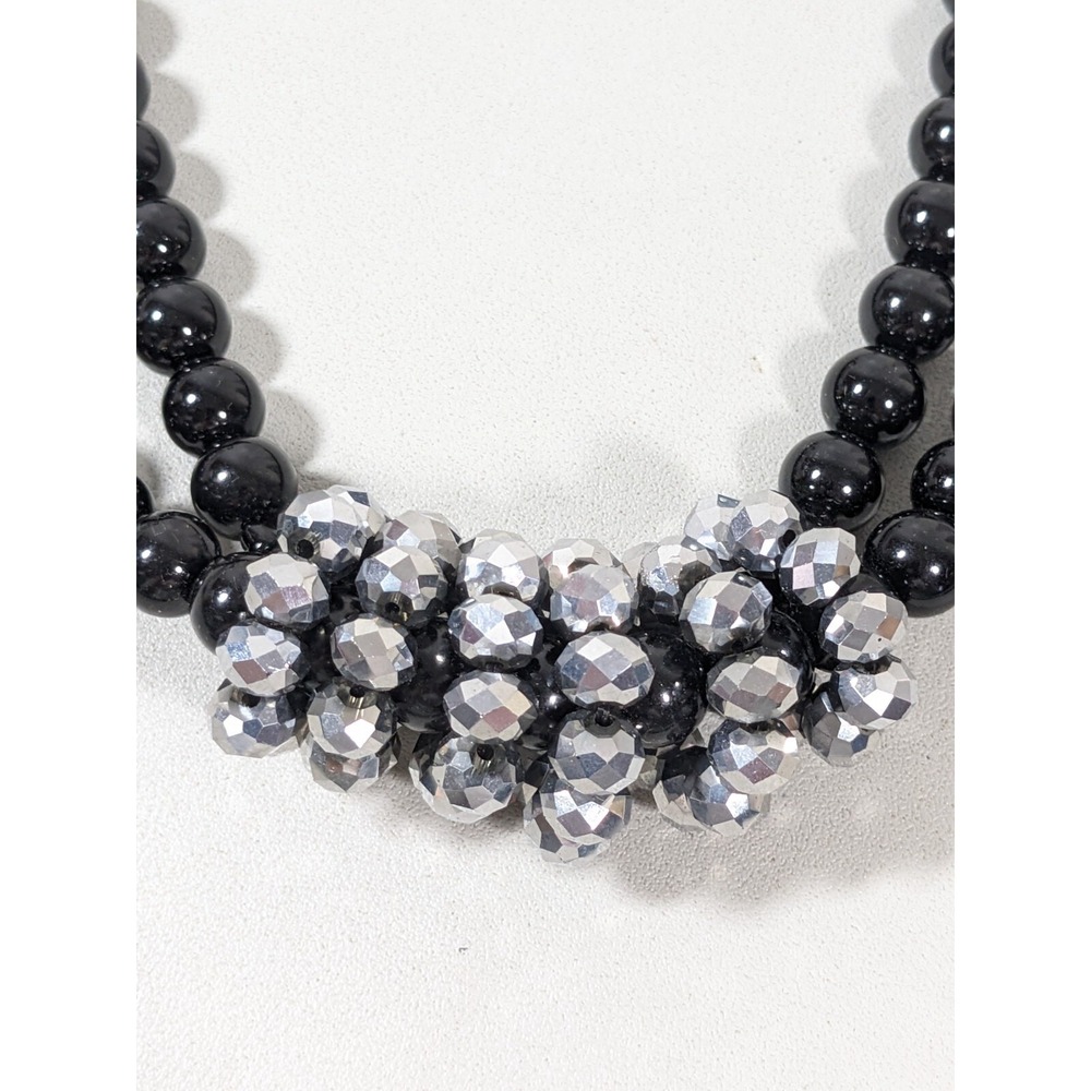 Black Gray Faceted Bead Statement Necklace Double Strand Silver Tone 20"